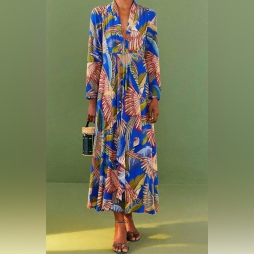 FARM Rio Blue Tropical Maxi Dress with Multicolor Palm Print